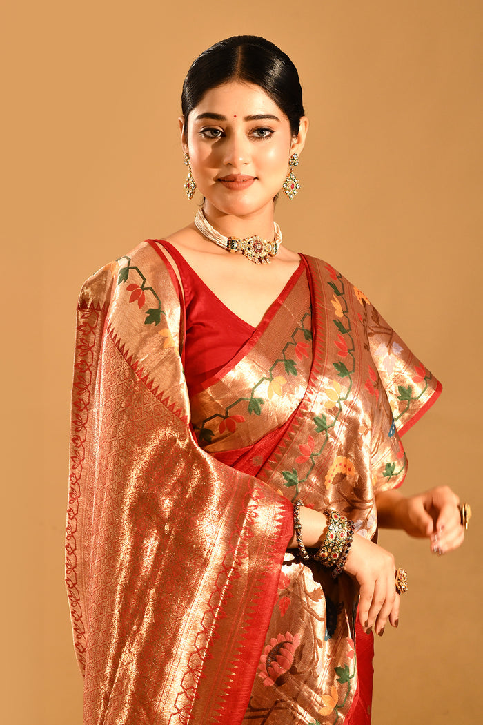 Red Checks Banarasi Silk Saree
