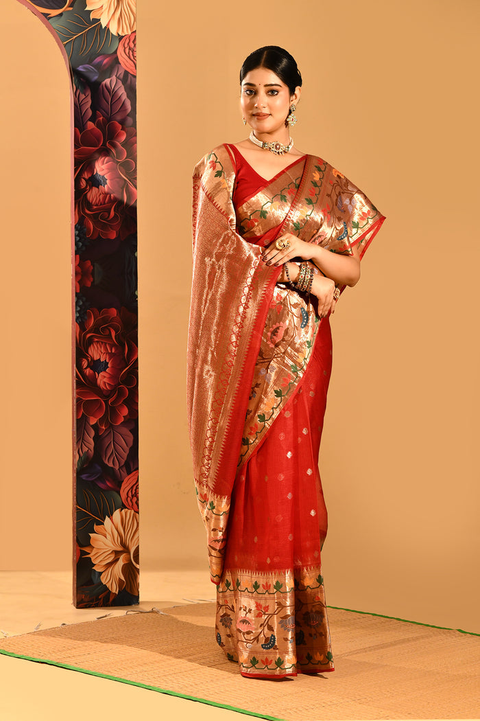 Red Checks Banarasi Silk Saree