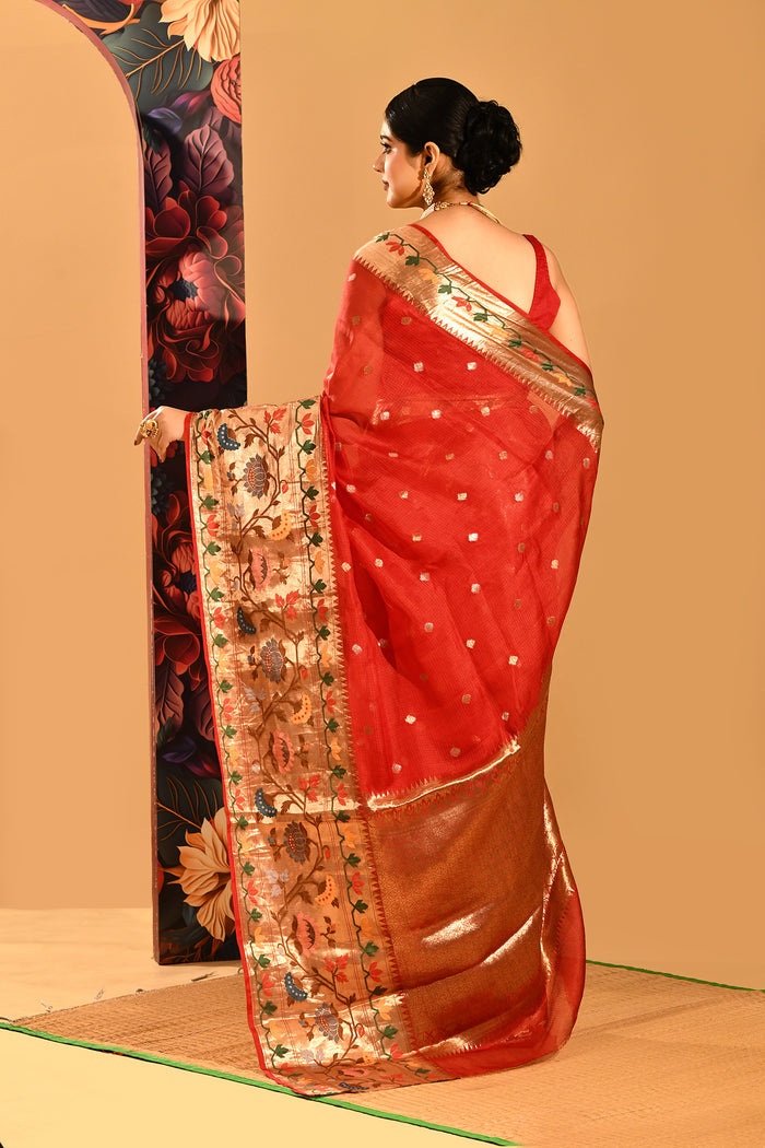 Red Checks Banarasi Silk Saree