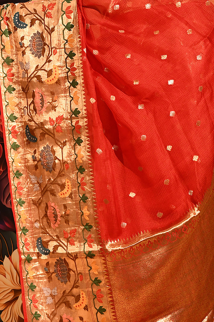 Red Checks Banarasi Silk Saree