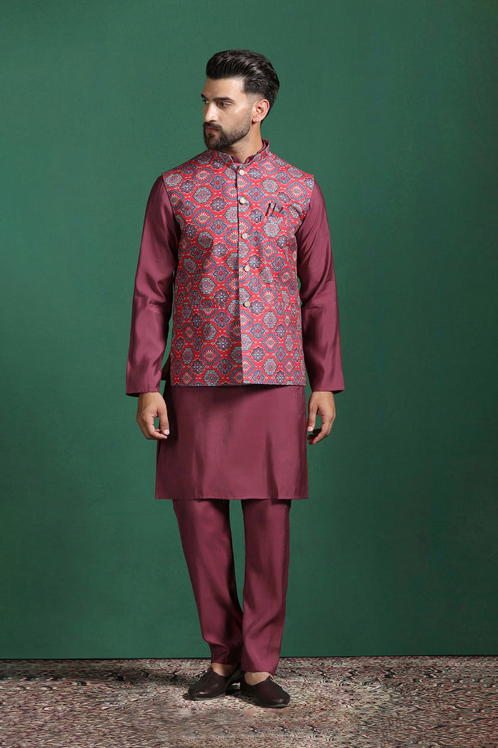 Red Cotton Blend Kurta Set With Floral Printed Nehru Jacket