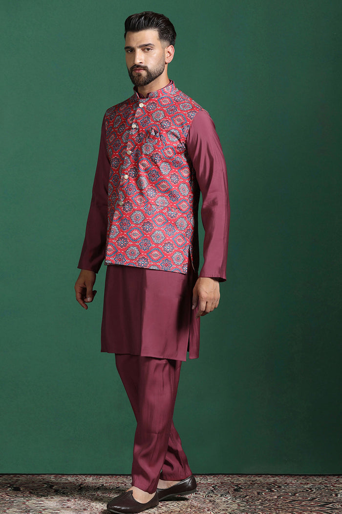 Red Cotton Blend Kurta Set With Floral Printed Nehru Jacket