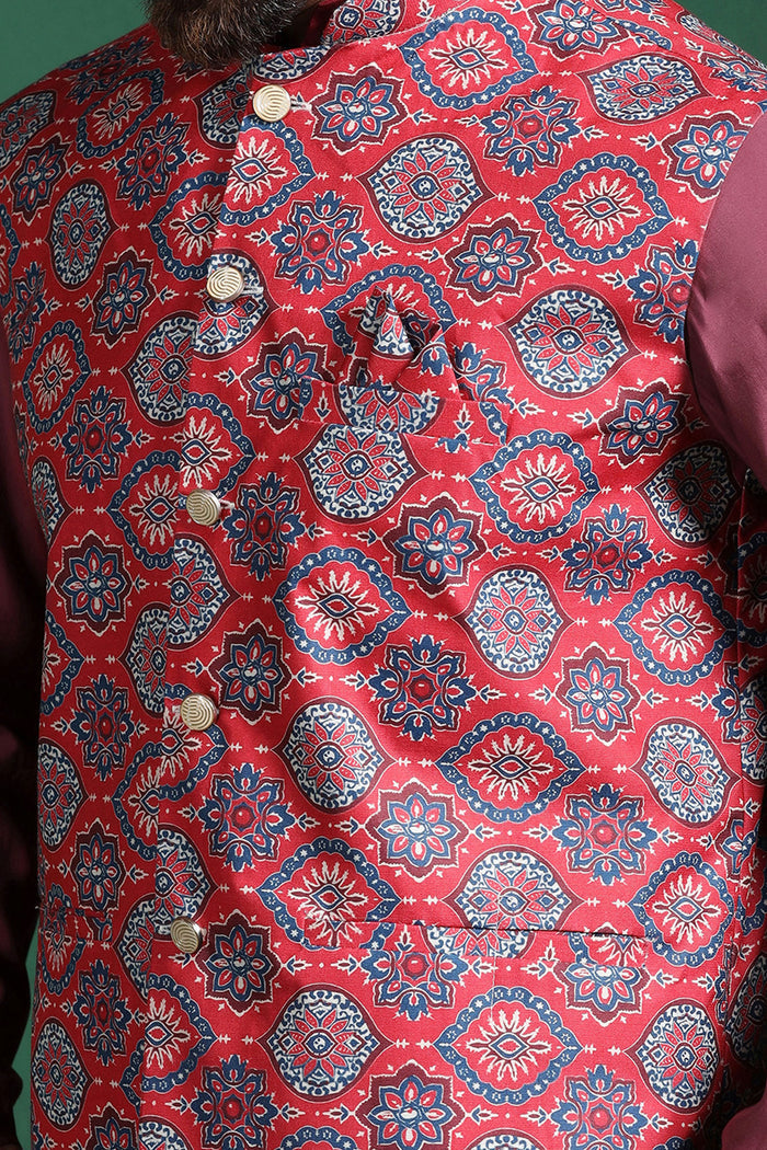 Red Cotton Blend Kurta Set With Floral Printed Nehru Jacket