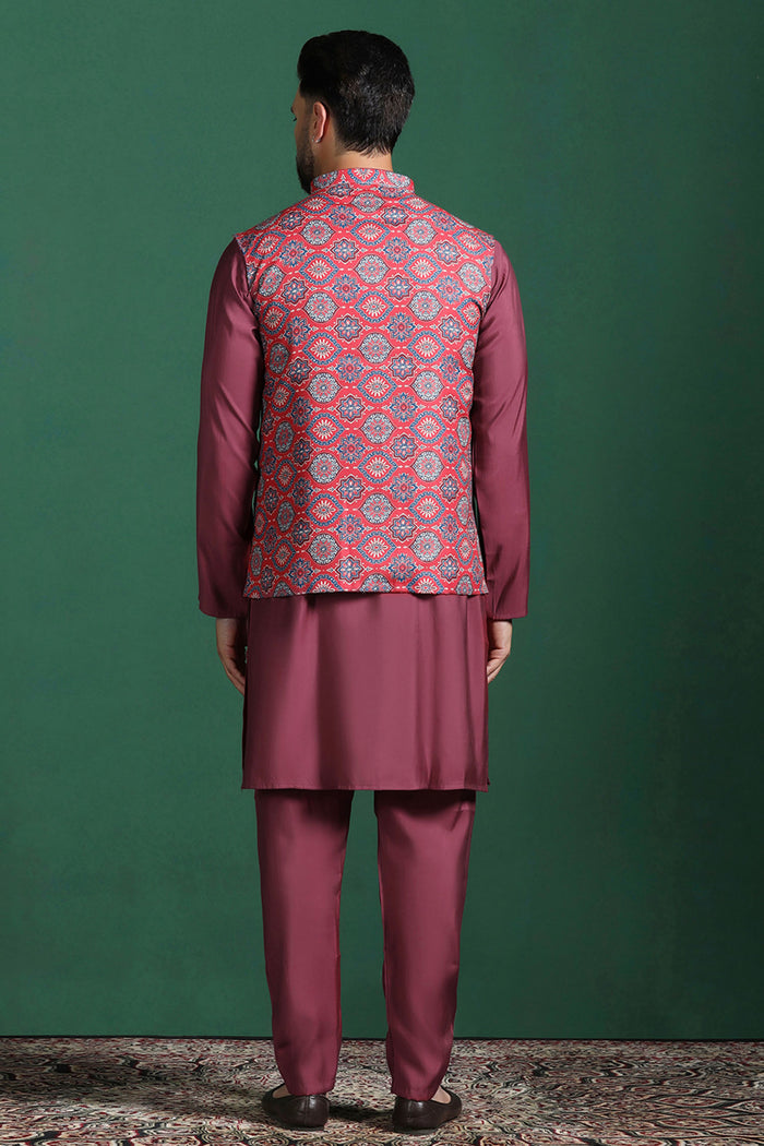 Red Cotton Blend Kurta Set With Floral Printed Nehru Jacket