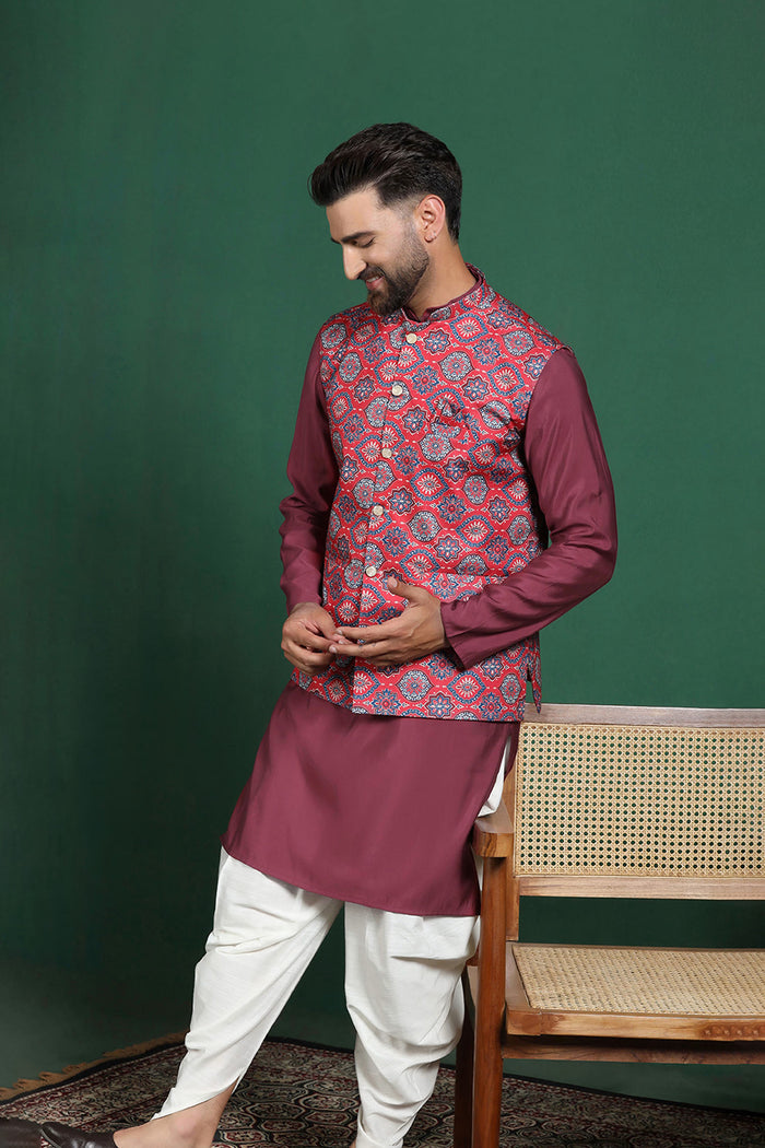 Red Cotton Blend Kurta Set With Printed Nehru Jacket