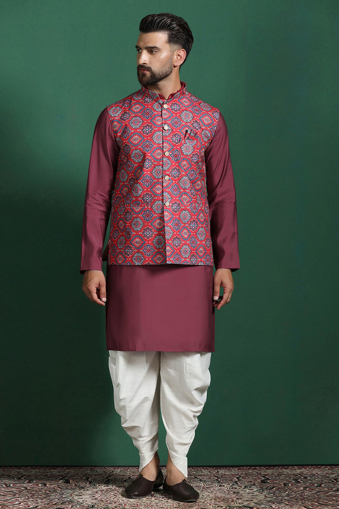 Red Cotton Blend Kurta Set With Printed Nehru Jacket