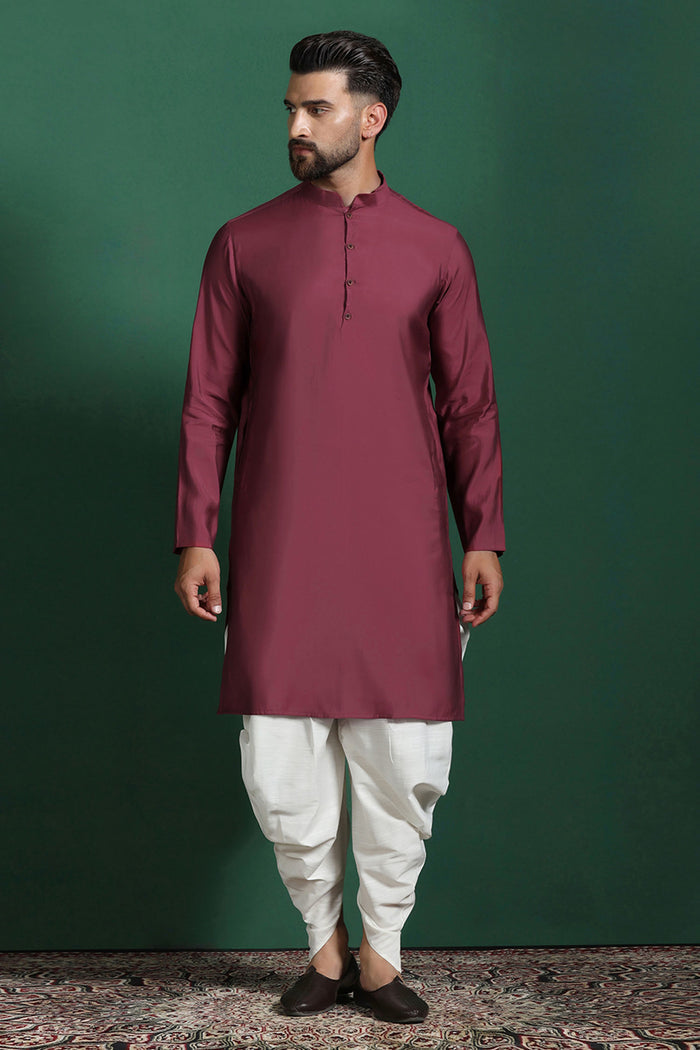 Red Cotton Blend Kurta Set With Printed Nehru Jacket