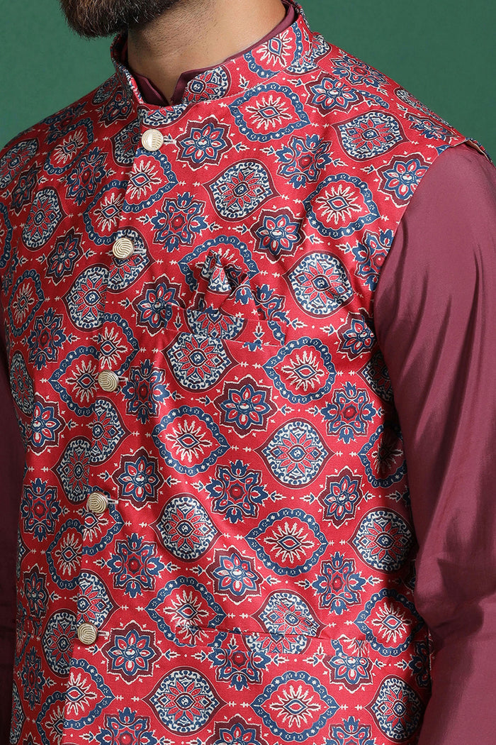 Red Cotton Blend Kurta Set With Printed Nehru Jacket