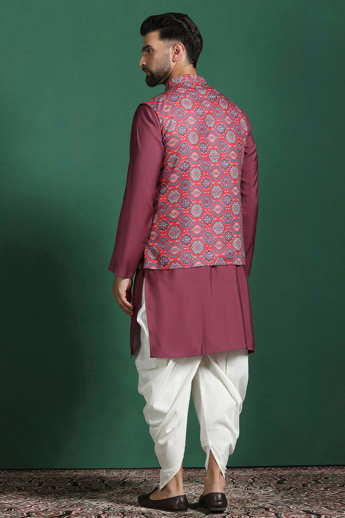 Red Cotton Blend Kurta Set With Printed Nehru Jacket