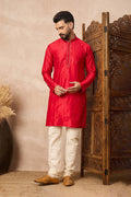 Red Cotton Blend Mirror Work Kurta Set