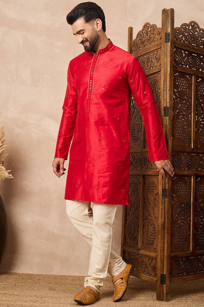 Red Cotton Blend Mirror Work Kurta Set