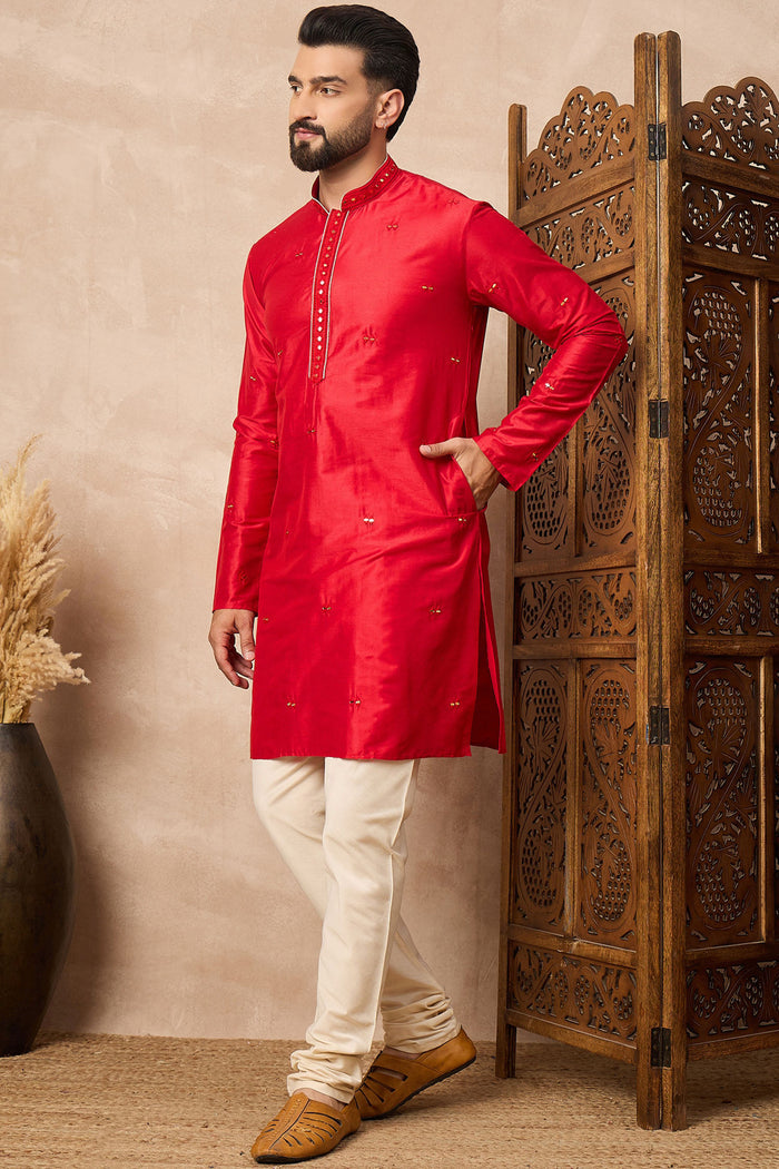 Red Cotton Blend Mirror Work Kurta Set