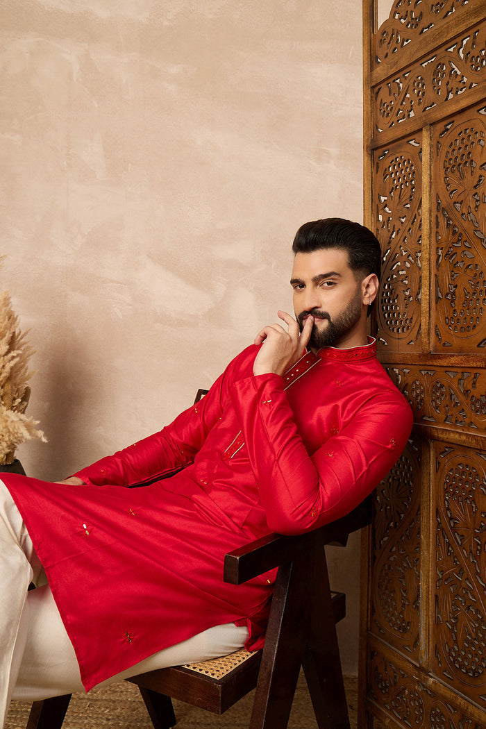 Red Cotton Blend Mirror Work Kurta Set