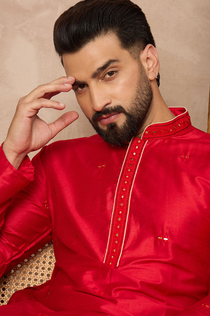 Red Cotton Blend Mirror Work Kurta Set