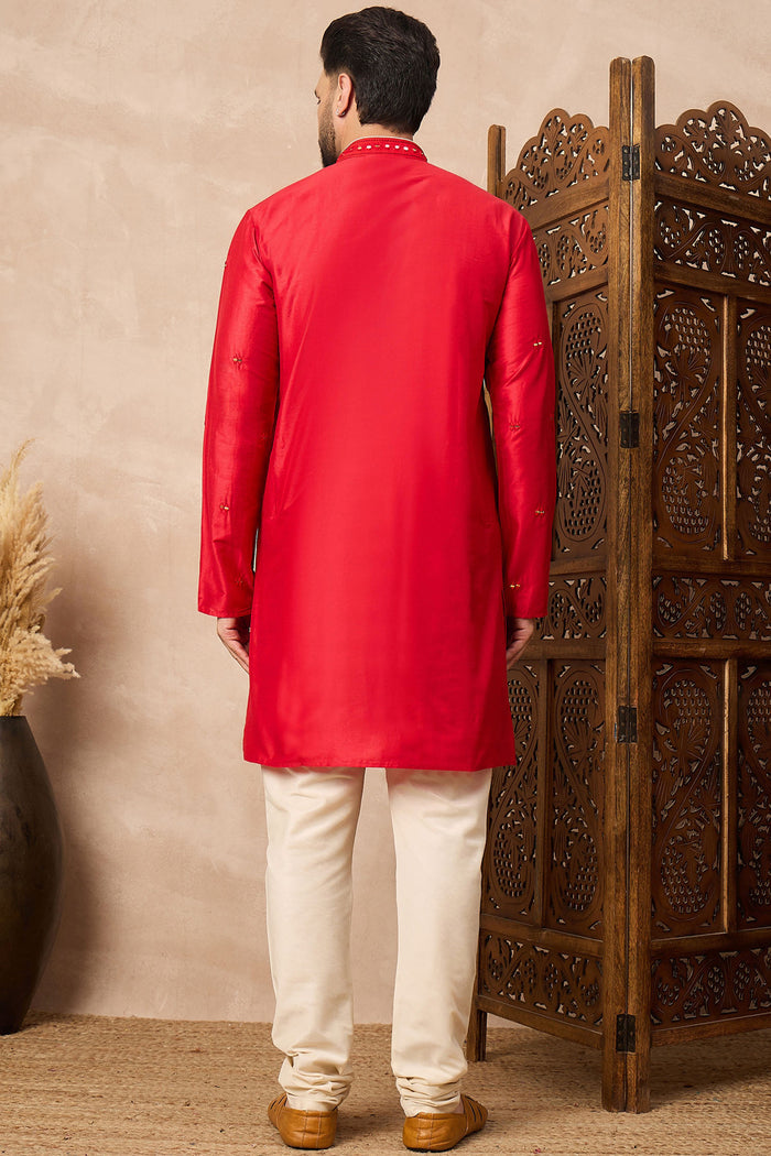 Red Cotton Blend Mirror Work Kurta Set
