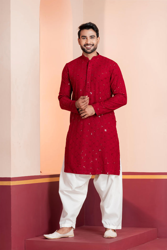 Red Cotton Silk Embroidered Patiala Set