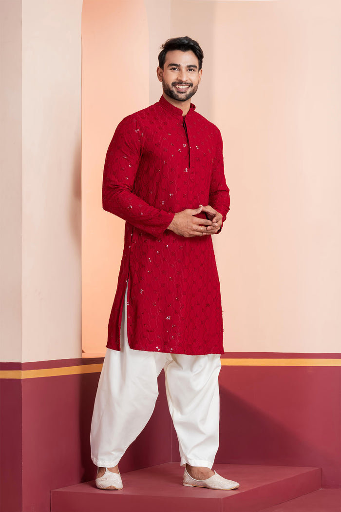 Red Cotton Silk Embroidered Patiala Set