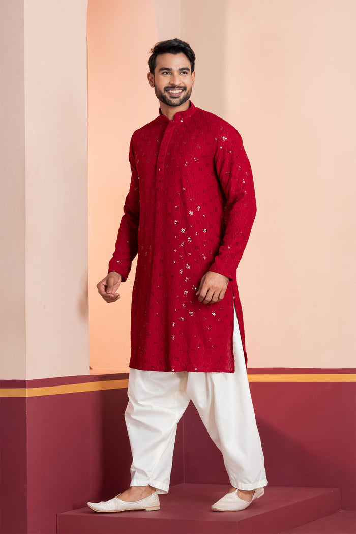 Red Cotton Silk Embroidered Patiala Set