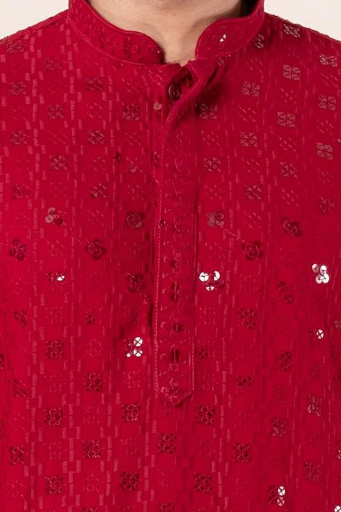 Red Cotton Silk Embroidered Patiala Set