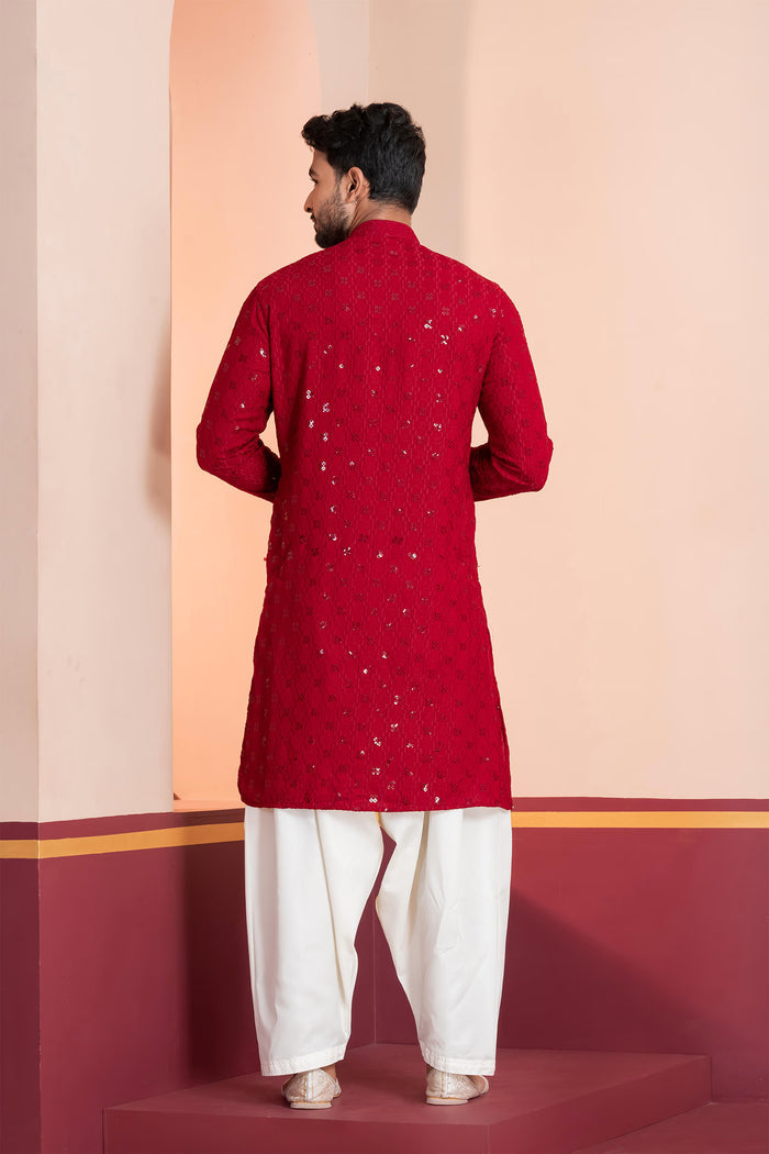 Red Cotton Silk Embroidered Patiala Set