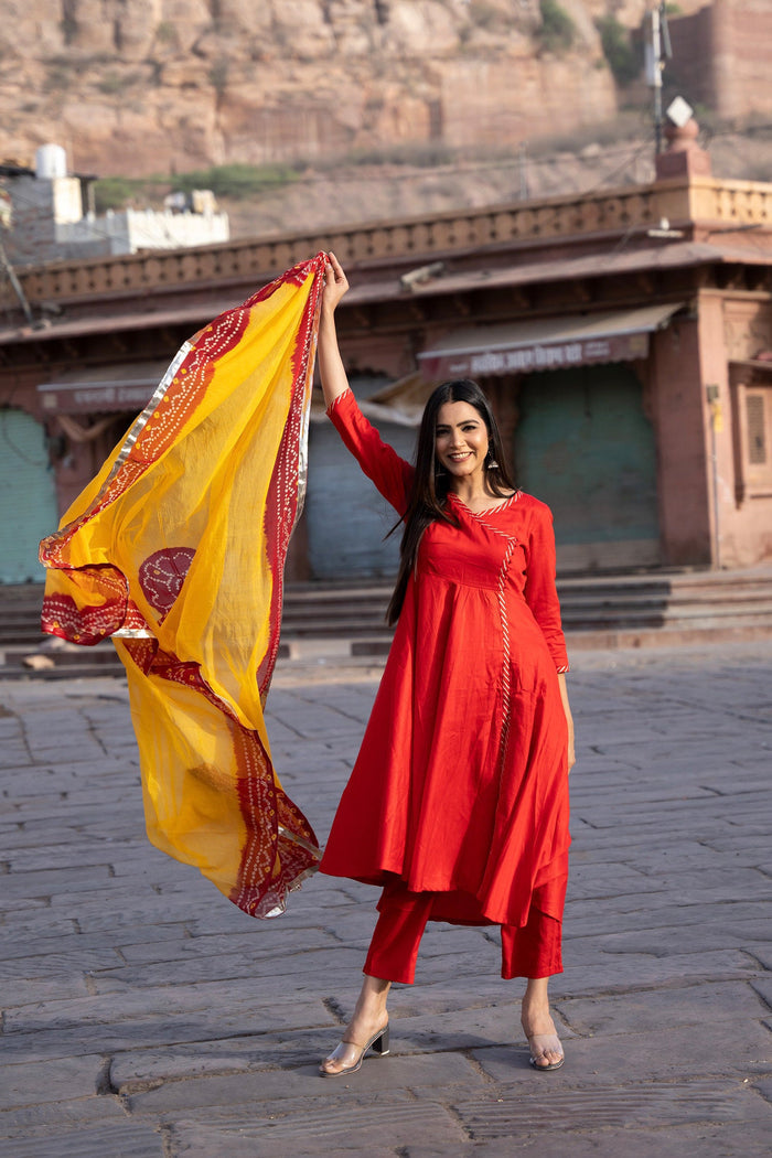 <img> Red Cotton Silk Suit Set With Bandhani Dupatta