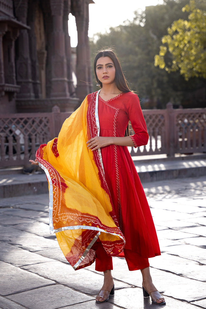 <img> Red Cotton Silk Suit Set With Bandhani Dupatta