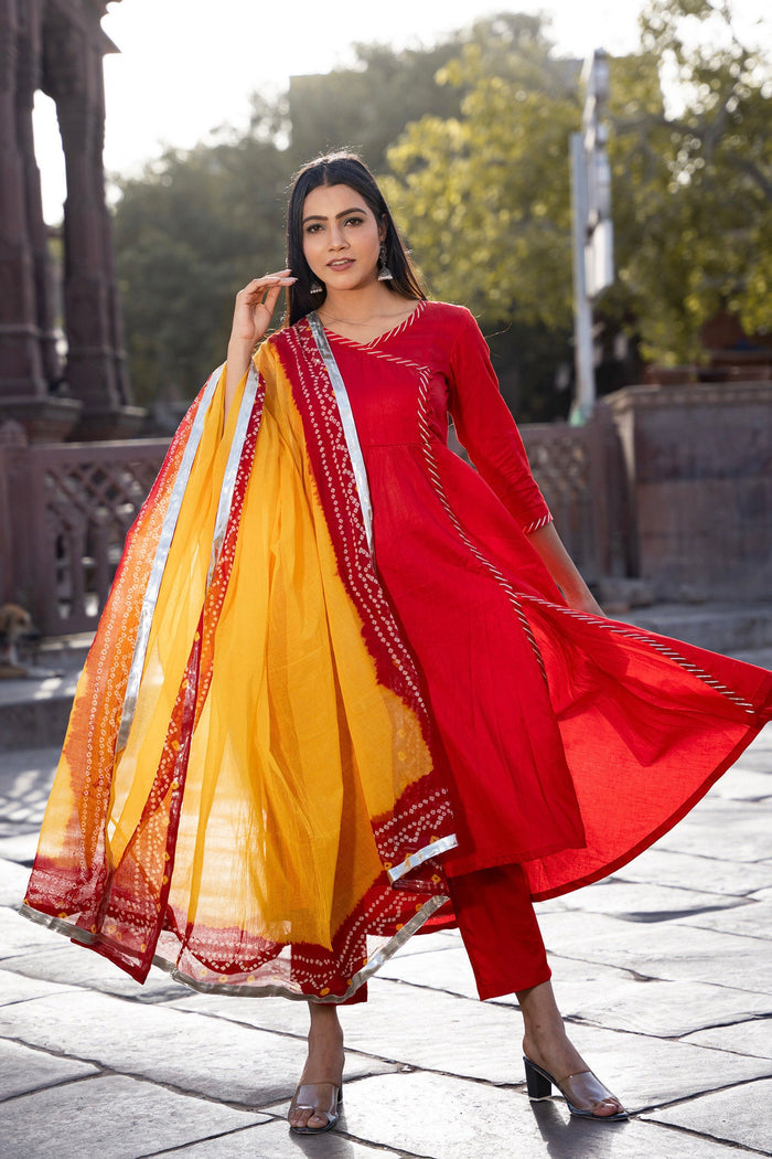 <img> Red Cotton Silk Suit Set With Bandhani Dupatta