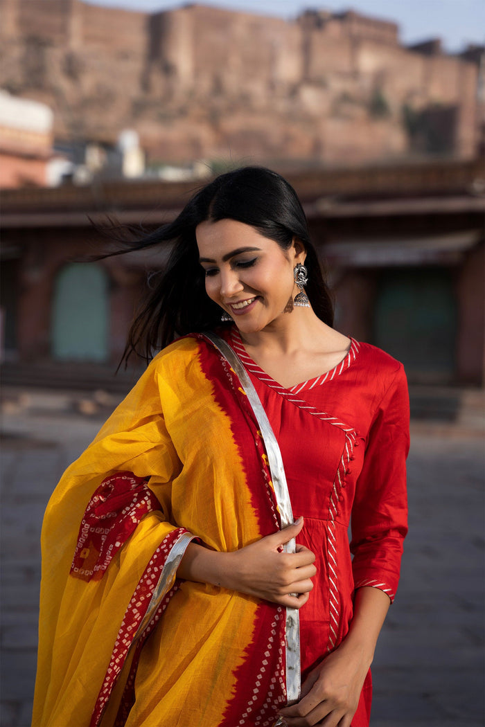 <img> Red Cotton Silk Suit Set With Bandhani Dupatta