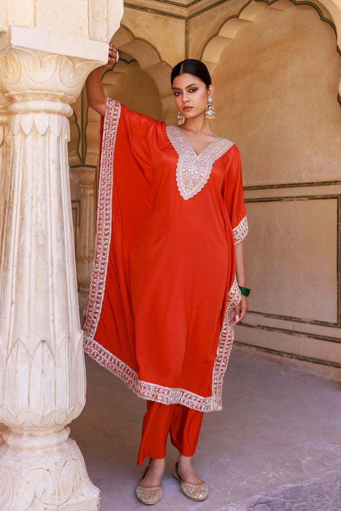 Red Crepe Kaftan Set