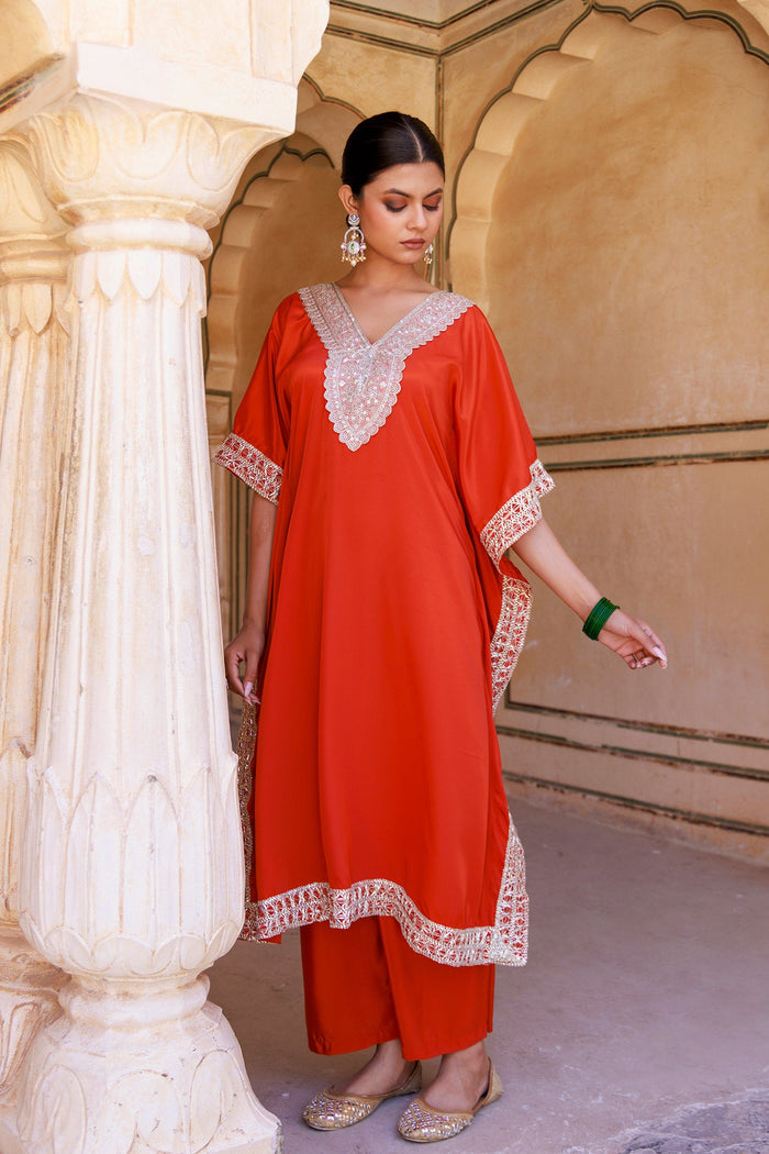 Red Crepe Kaftan Set