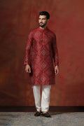 Red Dupion Embroidered Kurta Set