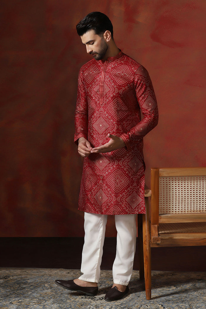 Red Dupion Embroidered Kurta Set