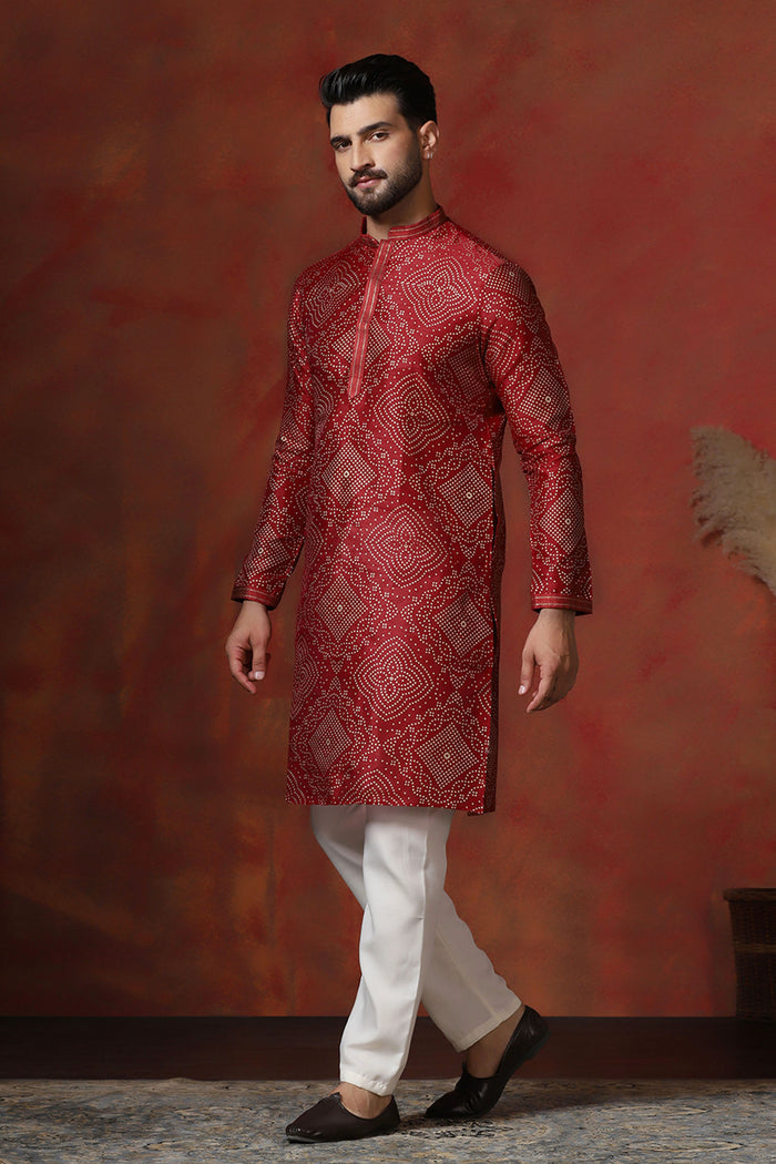 Red Dupion Embroidered Kurta Set
