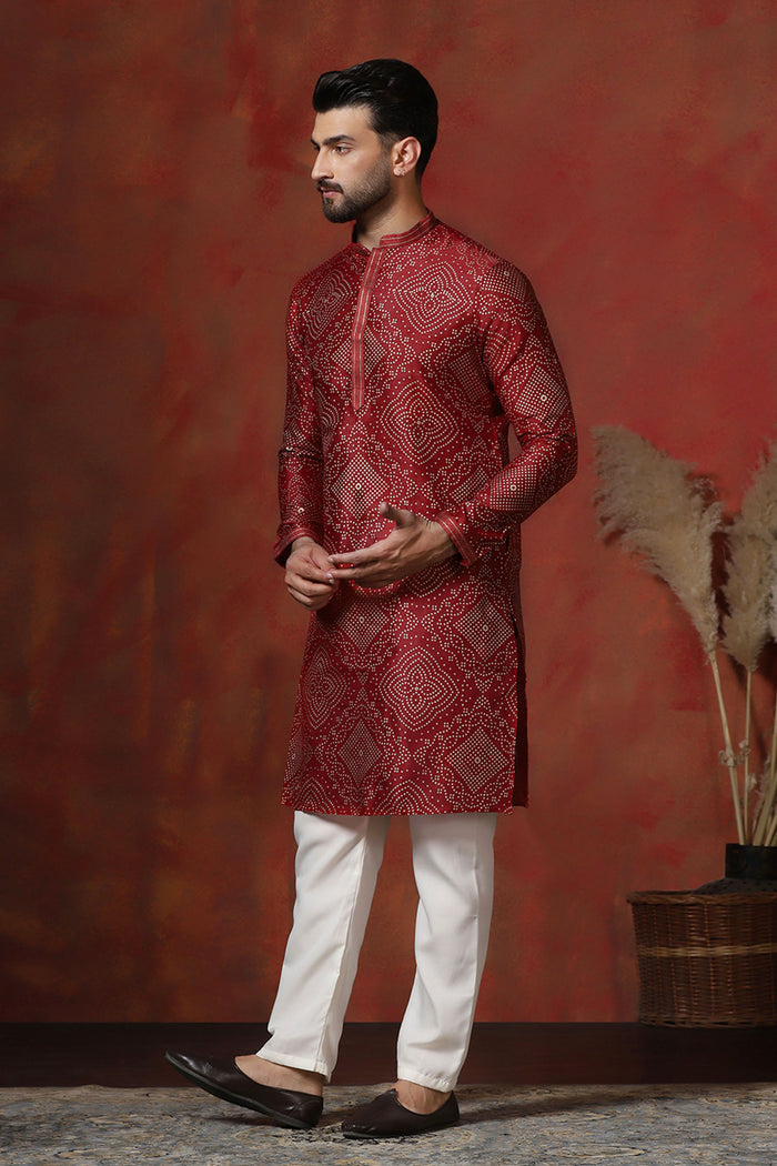 Red Dupion Embroidered Kurta Set