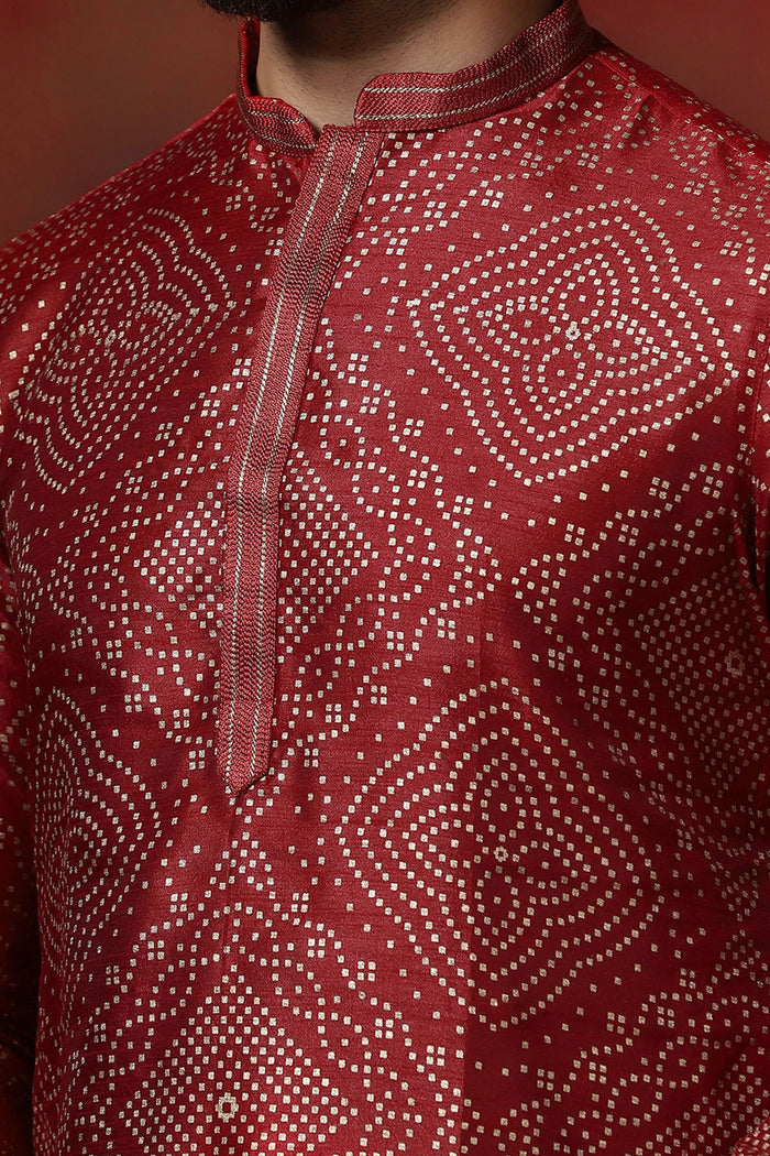 Red Dupion Embroidered Kurta Set