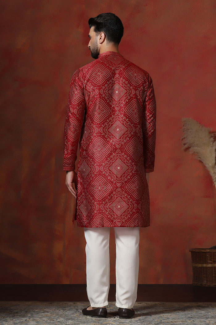 Red Dupion Embroidered Kurta Set