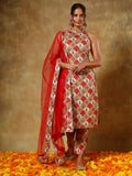 Red Floral Medallion Printed Sleeveless Salwar Set With Net Dupatta