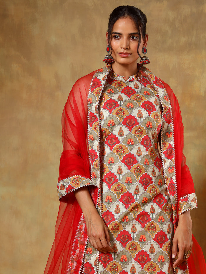 Red Floral Medallion Printed Sleeveless Salwar Set With Net Dupatta