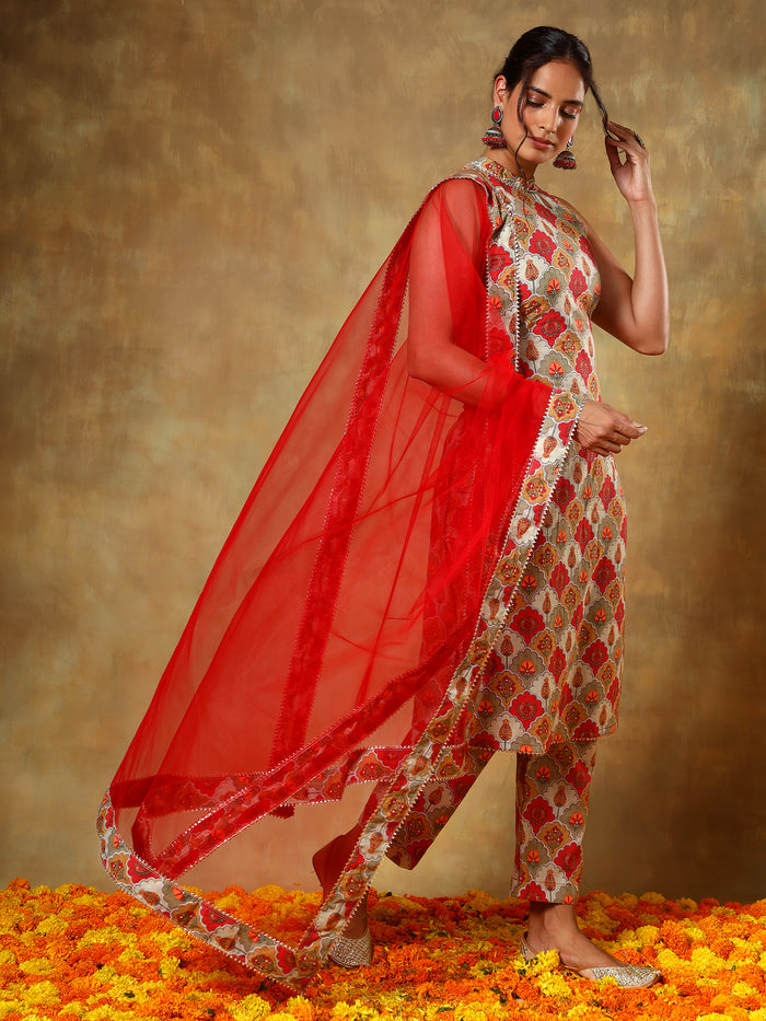 Red Floral Medallion Printed Sleeveless Salwar Set With Net Dupatta