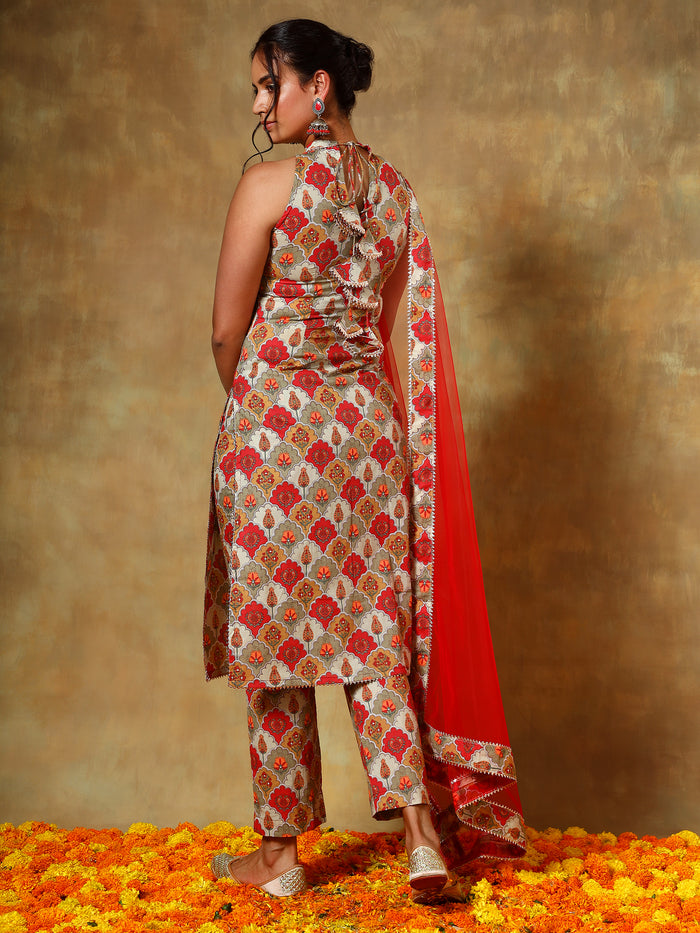 Red Floral Medallion Printed Sleeveless Salwar Set With Net Dupatta