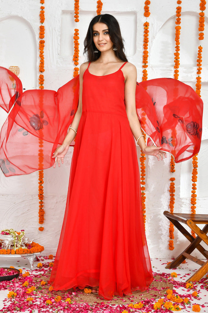 <img> Red Georgette Anarkali Set With Printed Dupatta