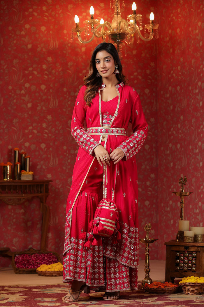 Red Georgette Embroidered Indo-Western Choli Set