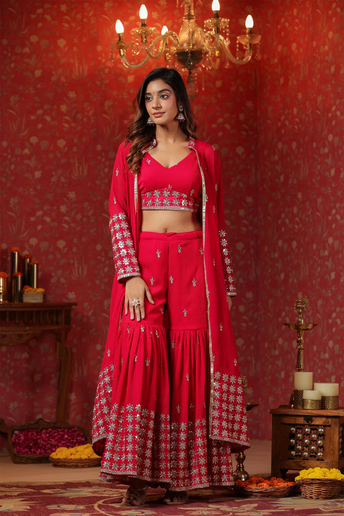 Red Georgette Embroidered Indo-Western Choli Set
