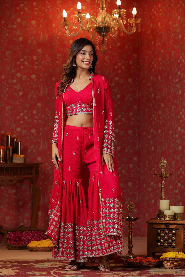 Red Georgette Embroidered Indo-Western Choli Set