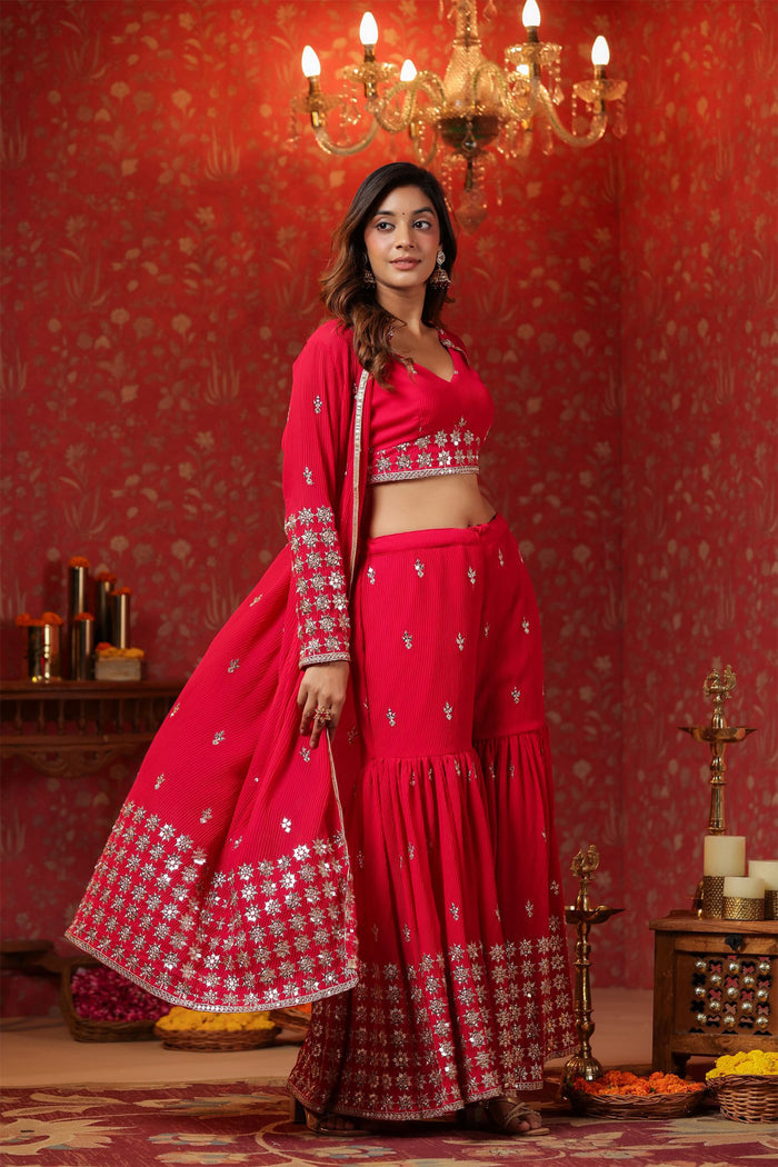 Red Georgette Embroidered Indo-Western Choli Set