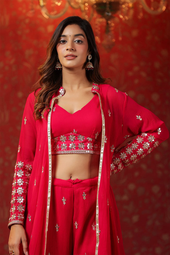 Red Georgette Embroidered Indo-Western Choli Set