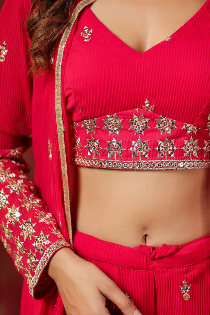 Red Georgette Embroidered Indo-Western Choli Set