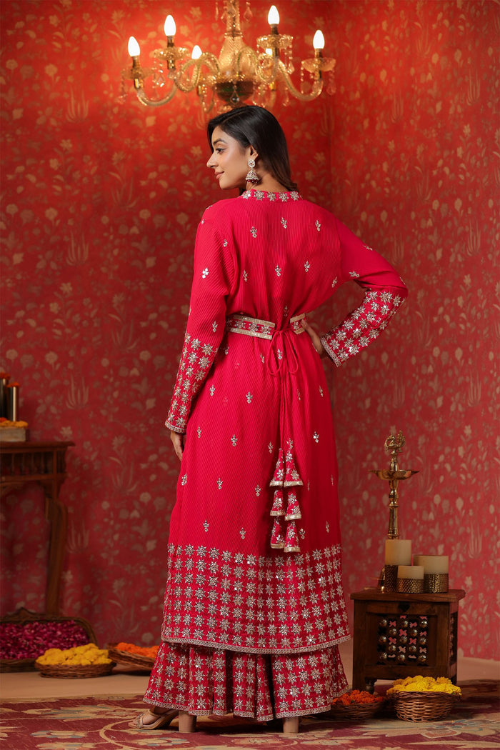 Red Georgette Embroidered Indo-Western Choli Set