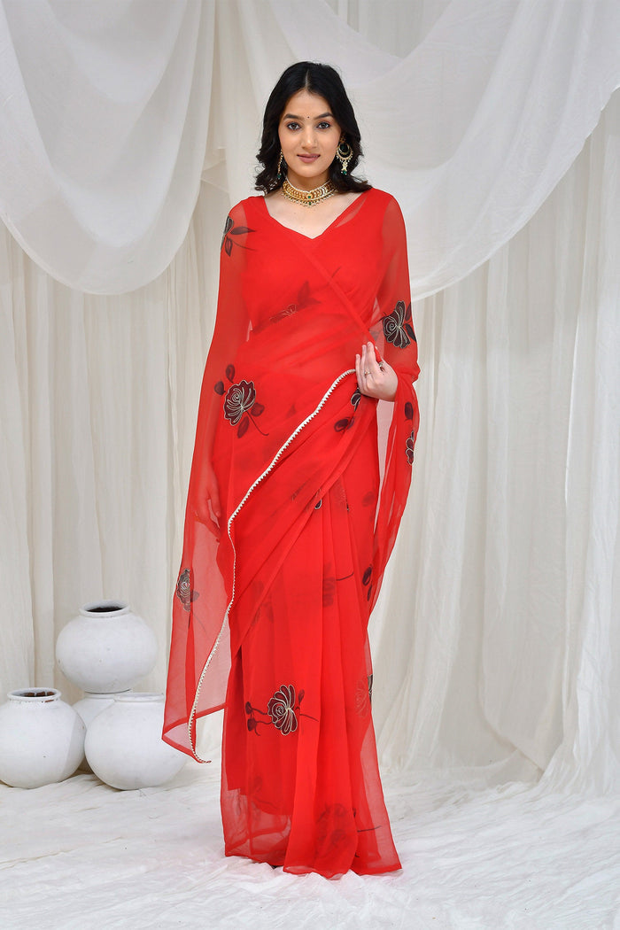 <img> Red Georgette Hand Painted Saree