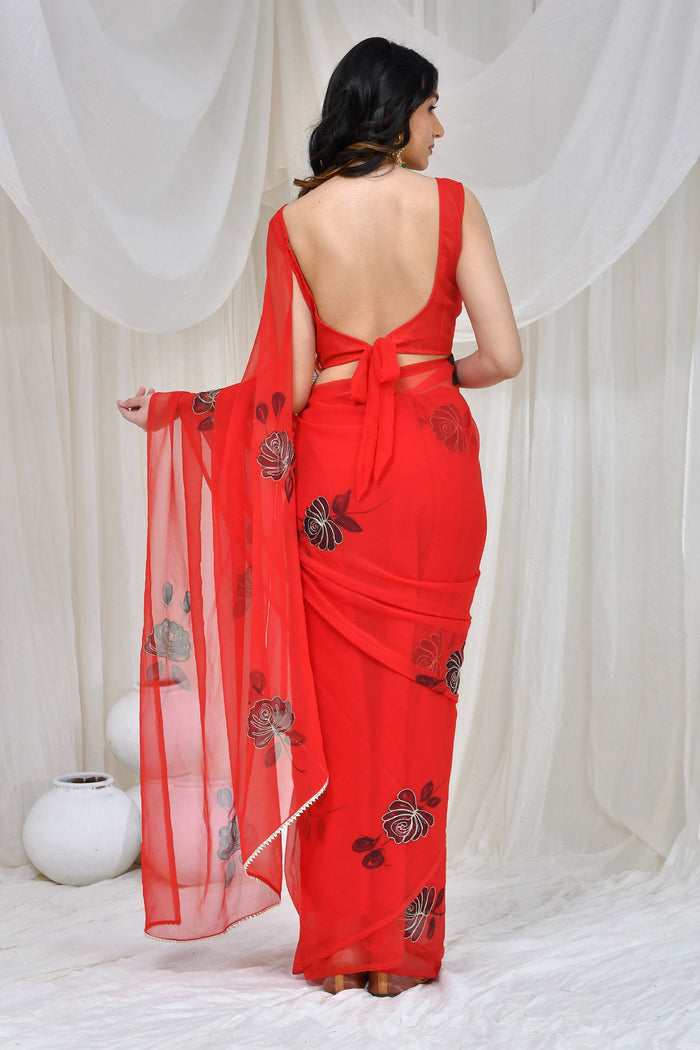 <img> Red Georgette Hand Painted Saree